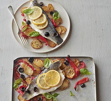 Roast sea bass & vegetable traybake