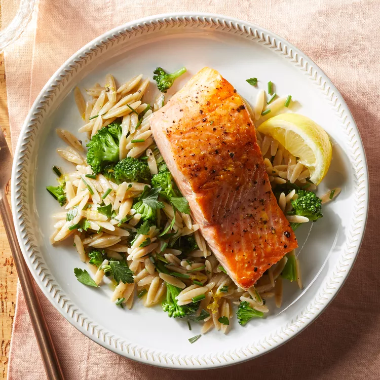 Salmon with Lemon-Herb Orzo & Broccoli